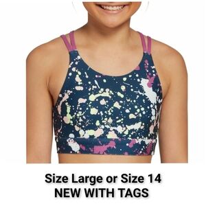 DSG Girls' Performance High Neck Printed Sports Bra Multi Splatter Navy Medium 8